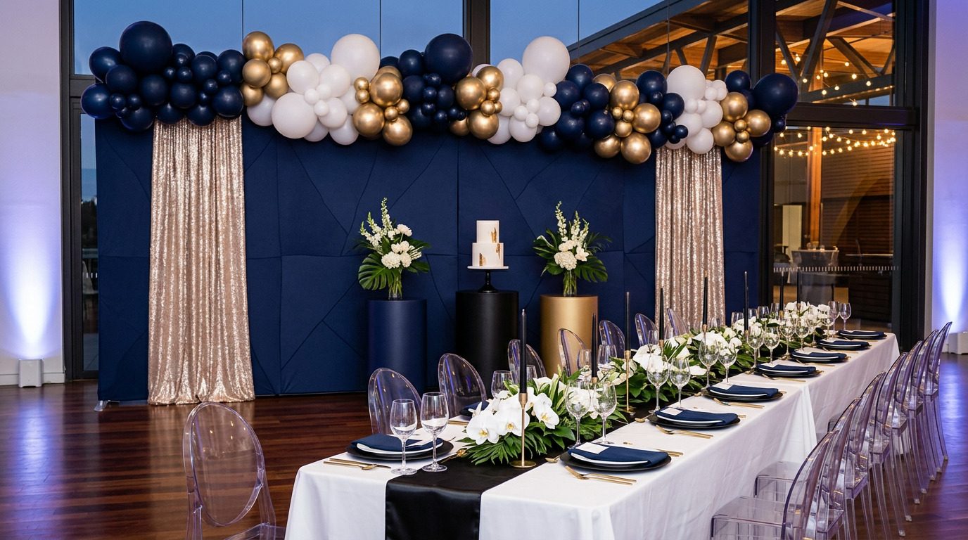 Montaje de evento corporativo con paleta sobria
