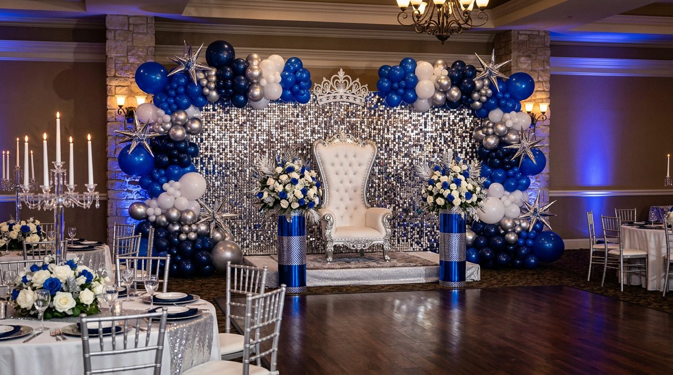 Montaje de quinceañera con trono y muro de lentejuelas